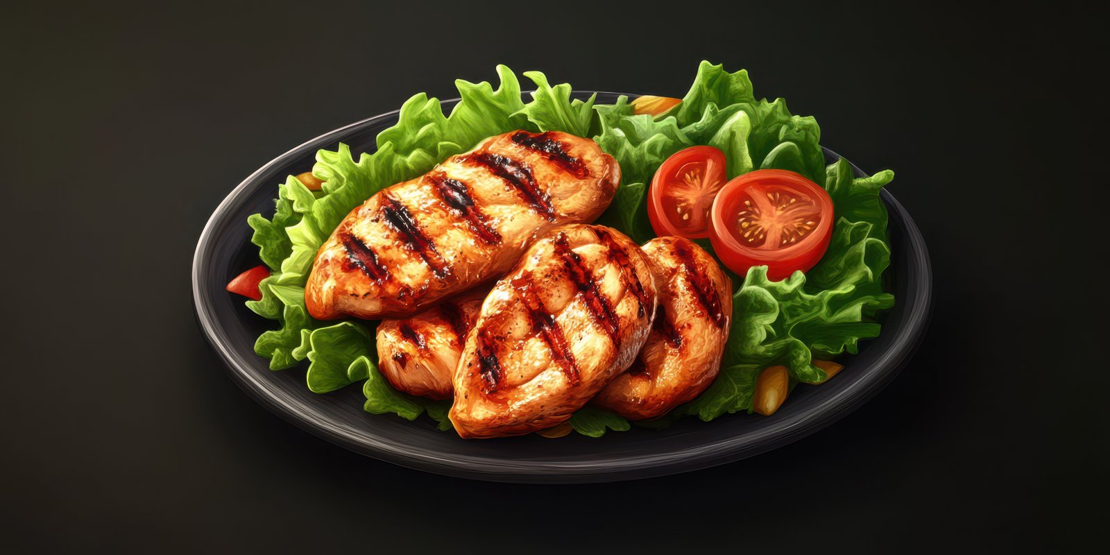 Grilled chicken breast served on a bed of fresh greens with cherry tomatoes in a black bowl